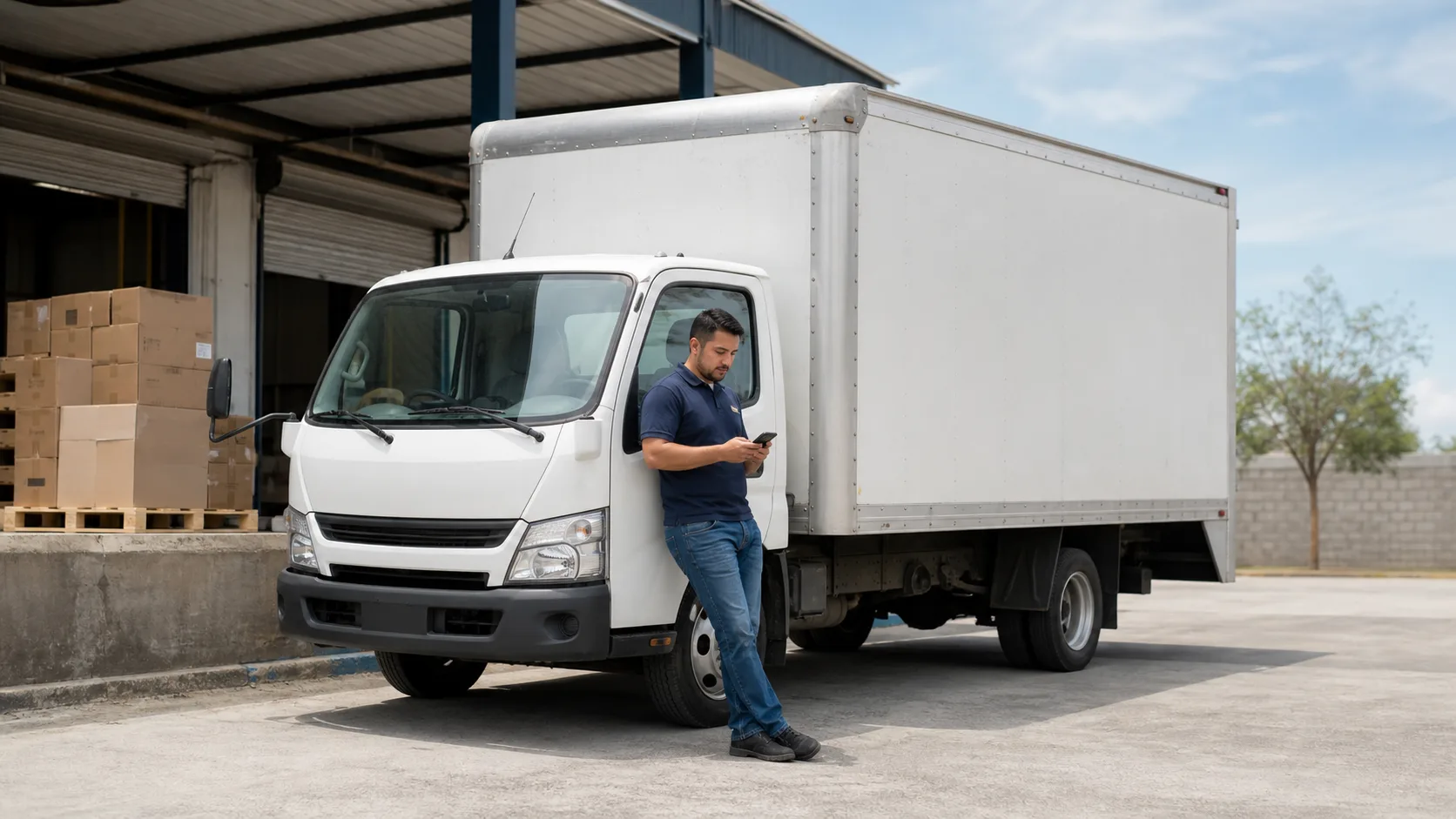 Camioneta de carga en una zona de carga comercial mientras el operador revisa un viaje.
