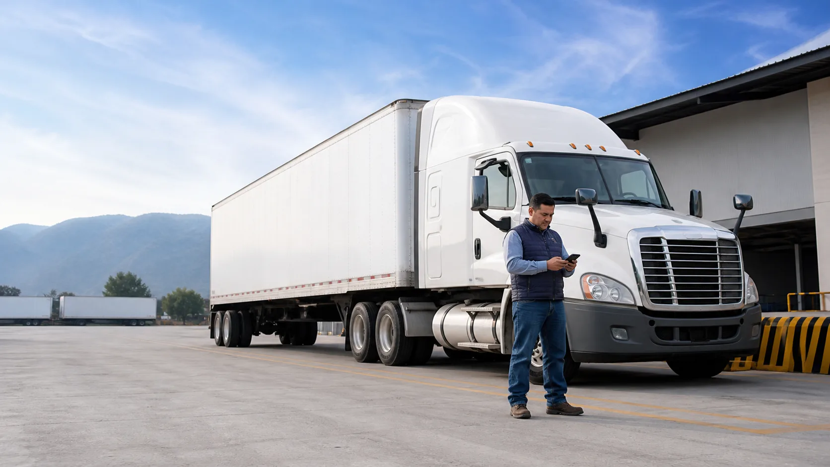 Operador de tractocamión planeando su siguiente viaje con la unidad estacionada.